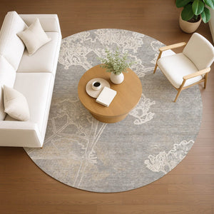 HomeRoots 8' Round Floral Washable Area Rug in Silver and Gray - Elegant Indoor/Outdoor Style, Easy Care! 639865