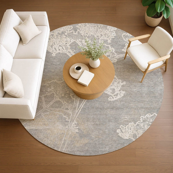 HomeRoots 8' Round Floral Washable Area Rug in Silver and Gray - Elegant Indoor/Outdoor Style, Easy Care! 639865