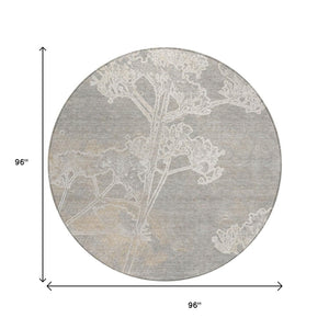 HomeRoots 8' Round Floral Washable Area Rug in Silver and Gray - Elegant Indoor/Outdoor Style, Easy Care! 639865