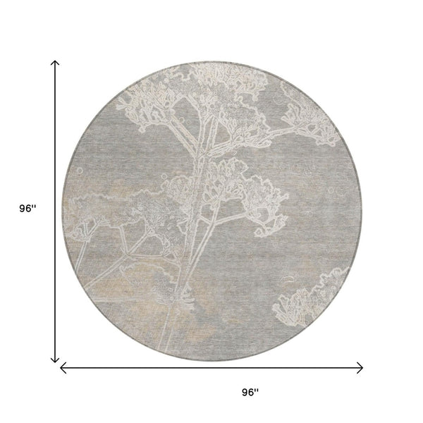 HomeRoots 8' Round Floral Washable Area Rug in Silver and Gray - Elegant Indoor/Outdoor Style, Easy Care! 639865
