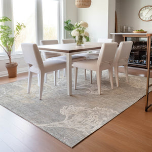 HomeRoots 9' X 12' Washable Indoor Outdoor Area Rug – Silver & Gray Floral Design for Stylish High-Traffic Areas 639867