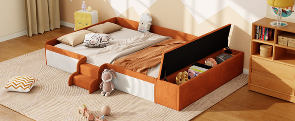 English Elm Full Size Kids Velvet Platform Daybed with Storage Ottoman Staircase Padded Rails Brown+White SF000202AAD