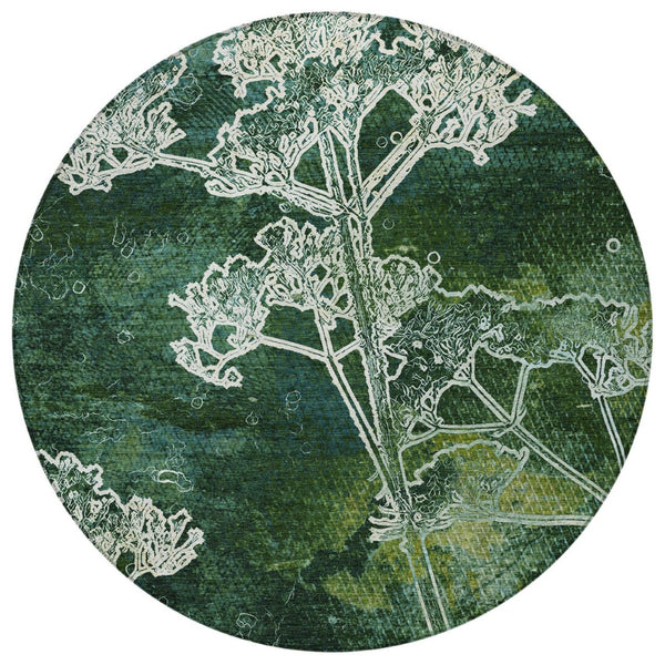 HomeRoots 8' Vibrant Teal Blue Green Floral Round Area Rug - Washable, Durable, Indoor/Outdoor Versatile Design 639871