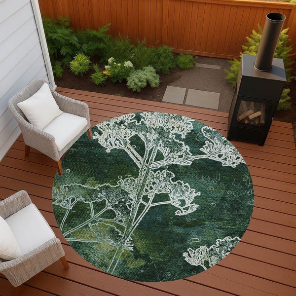 HomeRoots 8' Vibrant Teal Blue Green Floral Round Area Rug - Washable, Durable, Indoor/Outdoor Versatile Design 639871