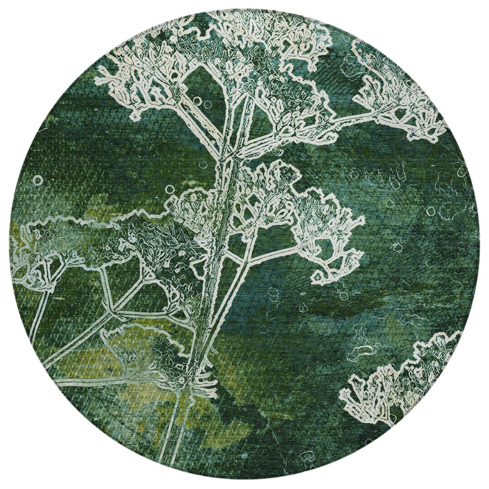 HomeRoots 8' Vibrant Teal Blue Green Floral Round Area Rug - Washable, Durable, Indoor/Outdoor Versatile Design 639871