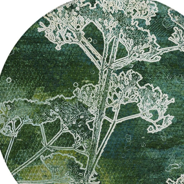 HomeRoots 8' Vibrant Teal Blue Green Floral Round Area Rug - Washable, Durable, Indoor/Outdoor Versatile Design 639871