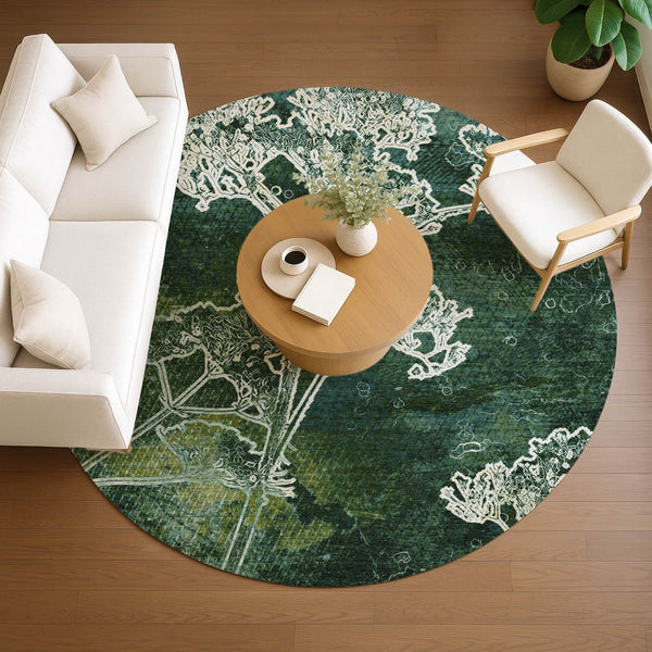HomeRoots 8' Vibrant Teal Blue Green Floral Round Area Rug - Washable, Durable, Indoor/Outdoor Versatile Design 639871
