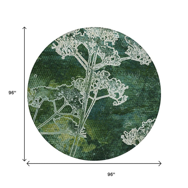 HomeRoots 8' Vibrant Teal Blue Green Floral Round Area Rug - Washable, Durable, Indoor/Outdoor Versatile Design 639871