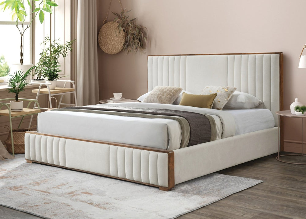English Elm Kaleea Eastern King Bed Beige Chenille Channel Tufted Headboard Walnut Wood Frame B2756S00039