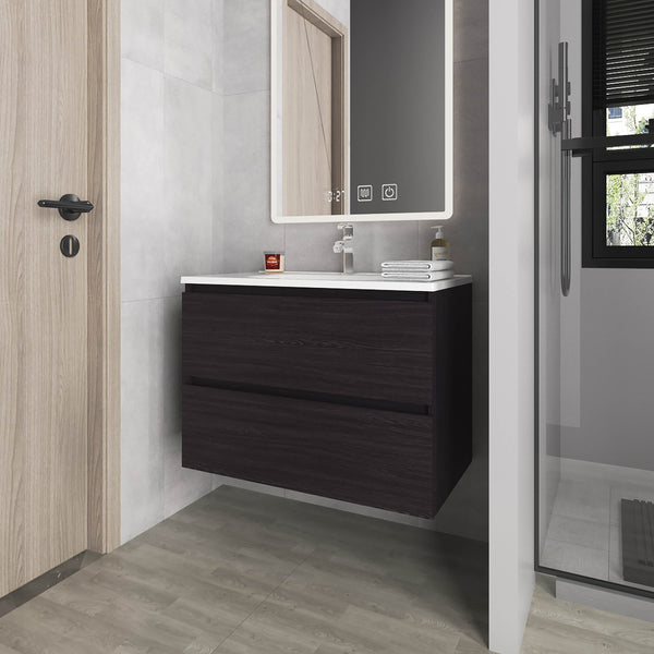 English Elm Wengue Wall-Mounted Floating Vanity with Two Drawers and Sink – Sleek Waterproof Wenge Finish, Space-Saving Design B062P355538