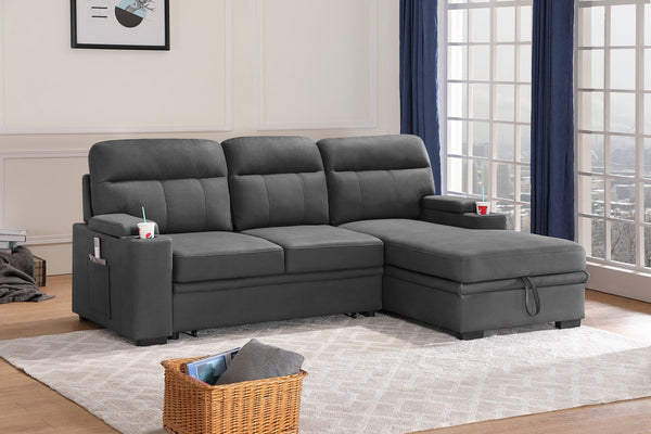 English Elm Kael Microfiber Sleeper Sectional with Chaise Storage Arms and Built-in Cupholders Gray B2749S00187