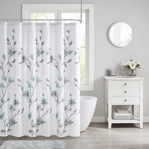 JLA Home Madison Park - Floral Magnolia Burnout Shower Curtain with Attached Microfiber Liner, 72"x72" Aqua Grey Elegance MP70-6421