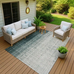 HomeRoots 5' Teal Blue and Ivory Striped Indoor-Outdoor Area Rug - Durable, Washable, Coastal Style for Any Space 639900