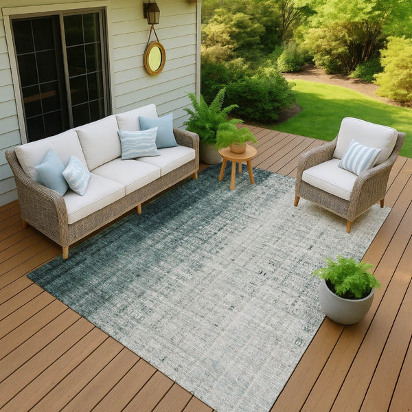 HomeRoots 5' Teal Blue and Ivory Striped Indoor-Outdoor Area Rug - Durable, Washable, Coastal Style for Any Space 639900