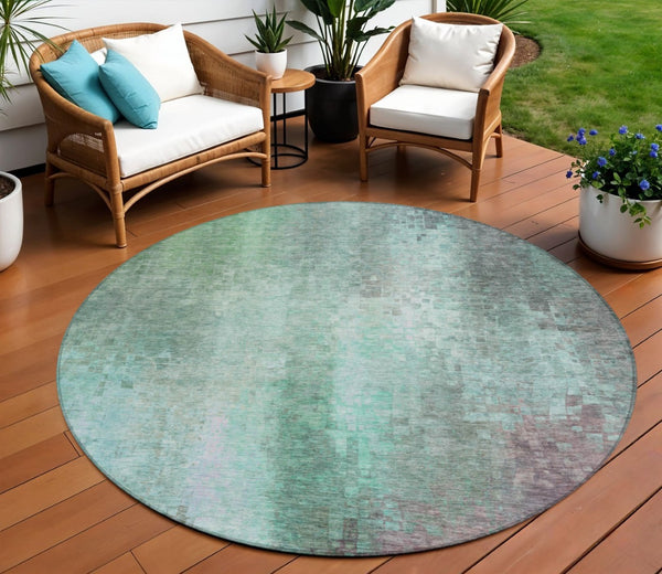 HomeRoots 8' Aqua and Teal Round Abstract Rug - Washable, Durable Design for Indoor & Outdoor Spaces, Pet-Friendly 639907