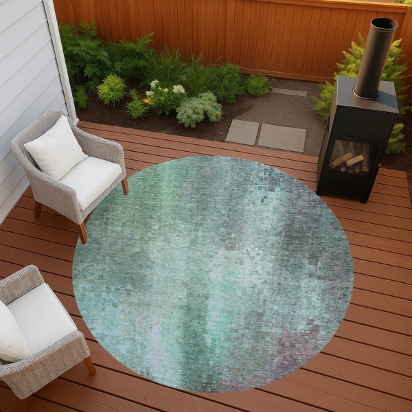 HomeRoots 8' Aqua and Teal Round Abstract Rug - Washable, Durable Design for Indoor & Outdoor Spaces, Pet-Friendly 639907