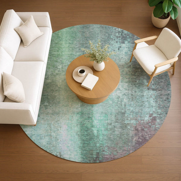 HomeRoots 8' Aqua and Teal Round Abstract Rug - Washable, Durable Design for Indoor & Outdoor Spaces, Pet-Friendly 639907