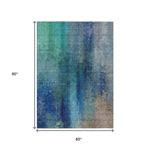 HomeRoots 5' Blue and Tan Abstract Indoor-Outdoor Area Rug - Washable, Durable, Stylish for Any Space! 639918