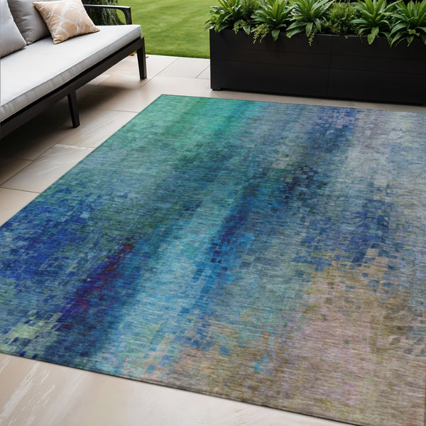 HomeRoots 5' Blue and Tan Abstract Indoor-Outdoor Area Rug - Washable, Durable, Stylish for Any Space! 639918
