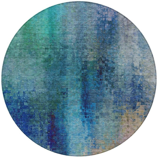 HomeRoots 8' Blue and Tan Round Abstract Area Rug – Stylish, Washable, Durable for Indoor & Outdoor Spaces 639919