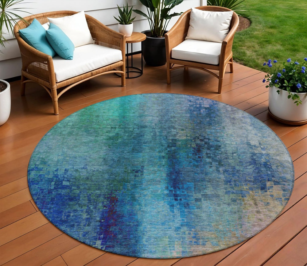 HomeRoots 8' Blue and Tan Round Abstract Area Rug – Stylish, Washable, Durable for Indoor & Outdoor Spaces 639919