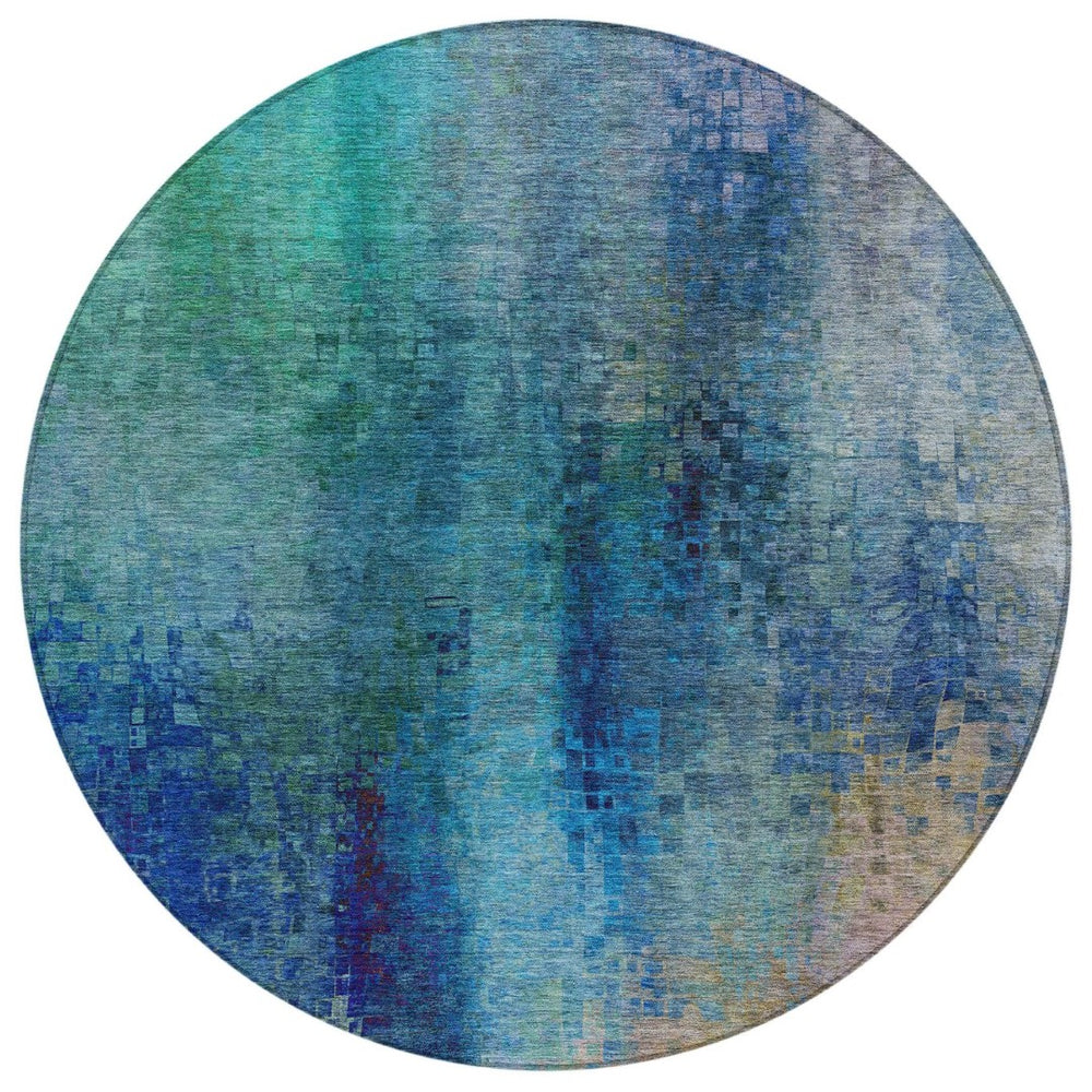 HomeRoots 8' Blue and Tan Round Abstract Area Rug – Stylish, Washable, Durable for Indoor & Outdoor Spaces 639919