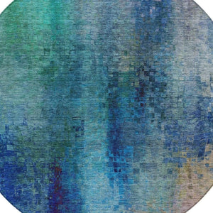 HomeRoots 8' Blue and Tan Round Abstract Area Rug – Stylish, Washable, Durable for Indoor & Outdoor Spaces 639919