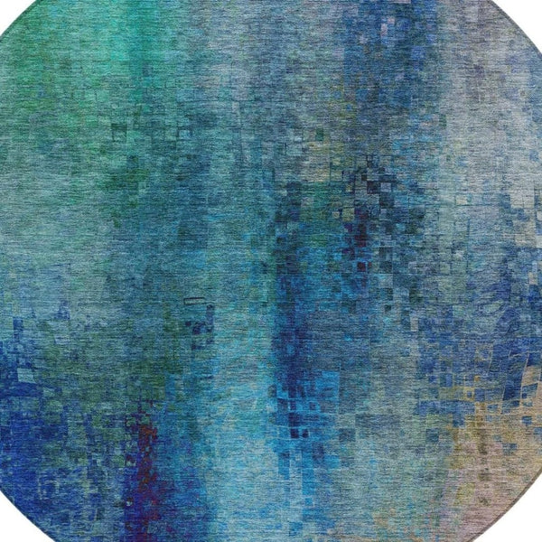 HomeRoots 8' Blue and Tan Round Abstract Area Rug – Stylish, Washable, Durable for Indoor & Outdoor Spaces 639919
