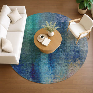 HomeRoots 8' Blue and Tan Round Abstract Area Rug – Stylish, Washable, Durable for Indoor & Outdoor Spaces 639919