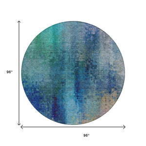HomeRoots 8' Blue and Tan Round Abstract Area Rug – Stylish, Washable, Durable for Indoor & Outdoor Spaces 639919