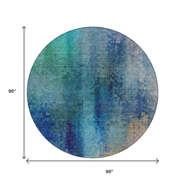 HomeRoots 8' Blue and Tan Round Abstract Area Rug – Stylish, Washable, Durable for Indoor & Outdoor Spaces 639919