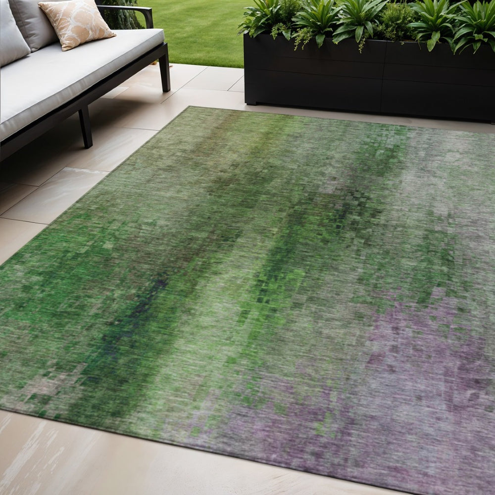 HomeRoots 5' Colorful Abstract Washable Area Rug - Durable Green & Purple Design for Indoor/Outdoor Use 639924