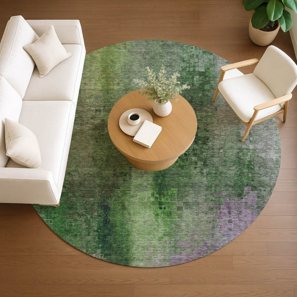 HomeRoots 8' Vibrant Green and Purple Round Abstract Rug - Washable, Durable, Stylish for Indoor & Outdoor Use 639925