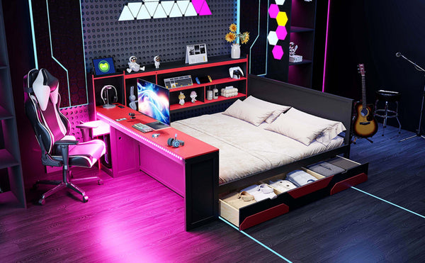 English Elm Queen Gaming Bed Frame with Desk Led Lighting Storage Drawers and Bookcase Headboard Black+Red LP000290AAJ