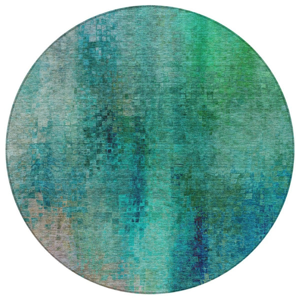 HomeRoots 8' Teal Blue and Green Round Abstract Rug – Washable, Stain-Resistant for Indoor & Outdoor Use 639943