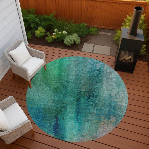 HomeRoots 8' Teal Blue and Green Round Abstract Rug – Washable, Stain-Resistant for Indoor & Outdoor Use 639943