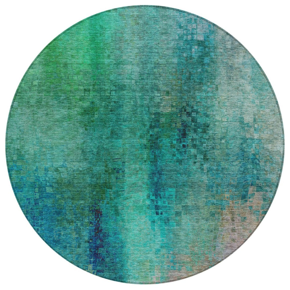 HomeRoots 8' Teal Blue and Green Round Abstract Rug – Washable, Stain-Resistant for Indoor & Outdoor Use 639943
