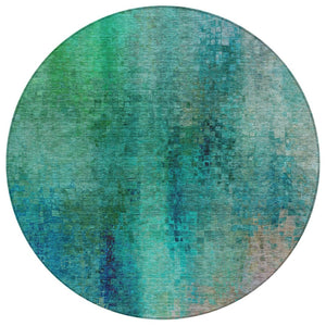 HomeRoots 8' Teal Blue and Green Round Abstract Rug – Washable, Stain-Resistant for Indoor & Outdoor Use 639943