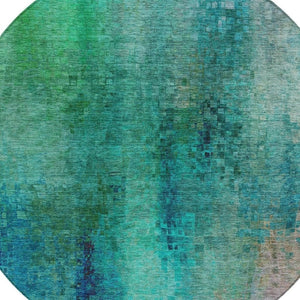 HomeRoots 8' Teal Blue and Green Round Abstract Rug – Washable, Stain-Resistant for Indoor & Outdoor Use 639943