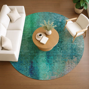 HomeRoots 8' Teal Blue and Green Round Abstract Rug – Washable, Stain-Resistant for Indoor & Outdoor Use 639943