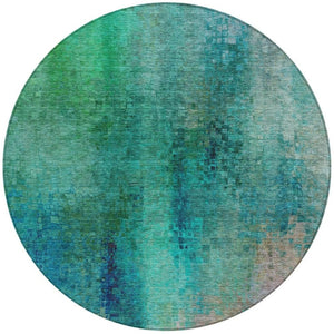 HomeRoots 8' Teal Blue and Green Round Abstract Rug – Washable, Stain-Resistant for Indoor & Outdoor Use 639943