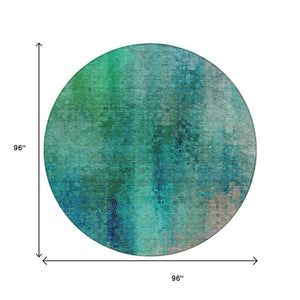 HomeRoots 8' Teal Blue and Green Round Abstract Rug – Washable, Stain-Resistant for Indoor & Outdoor Use 639943