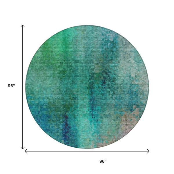 HomeRoots 8' Teal Blue and Green Round Abstract Rug – Washable, Stain-Resistant for Indoor & Outdoor Use 639943
