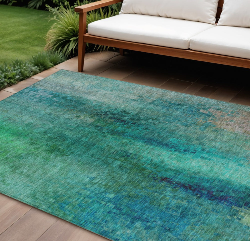 HomeRoots 8' X 10' Teal Blue and Green Abstract Area Rug – Durable, Washable, Stylish for Indoor & Outdoor Spaces 639944