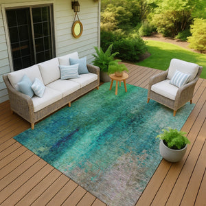 HomeRoots 9' X 12' Teal Blue and Green Abstract Rug - Stylish, Washable Indoor/Outdoor Area Rug for High Traffic! 639945