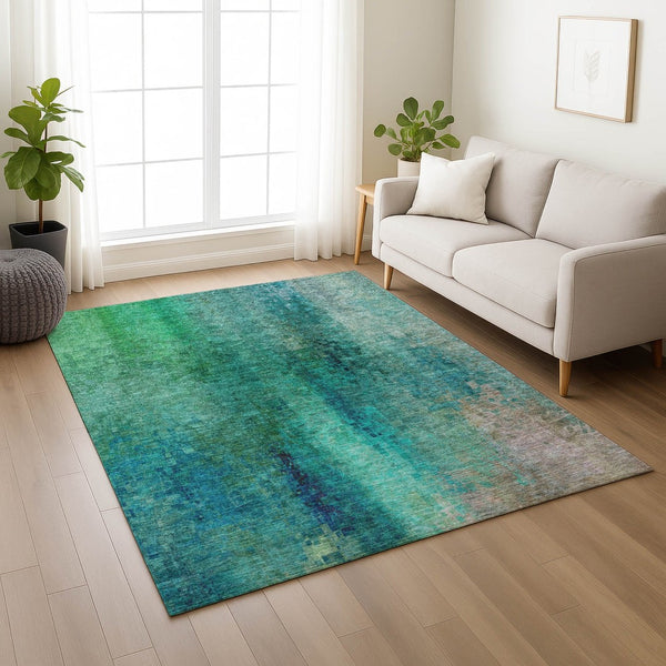 HomeRoots 9' X 12' Teal Blue and Green Abstract Rug - Stylish, Washable Indoor/Outdoor Area Rug for High Traffic! 639945