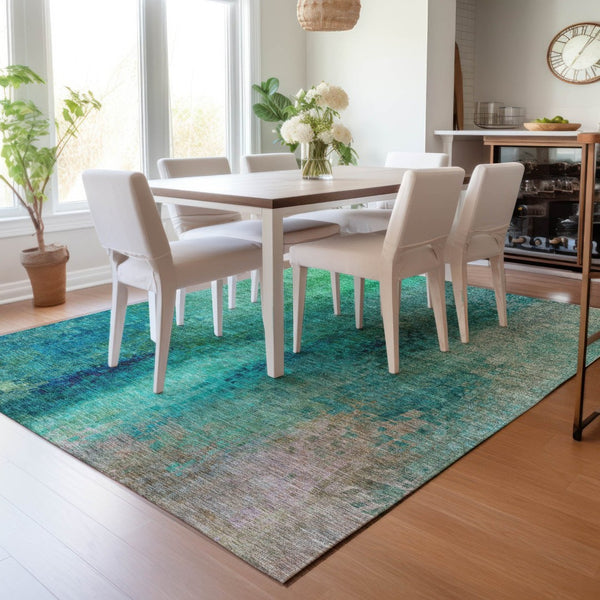 HomeRoots 9' X 12' Teal Blue and Green Abstract Rug - Stylish, Washable Indoor/Outdoor Area Rug for High Traffic! 639945