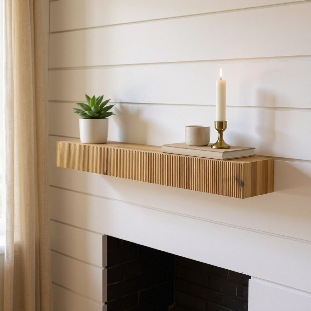 HomeRoots 59" Solid Wood Floating Mantel Shelf with Ribbed Texture - Rustic, Versatile, and Durable Design 639948