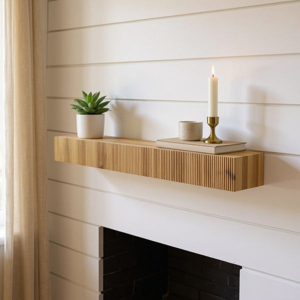 HomeRoots 59" Solid Wood Floating Mantel Shelf with Ribbed Texture - Rustic, Versatile, and Durable Design 639948