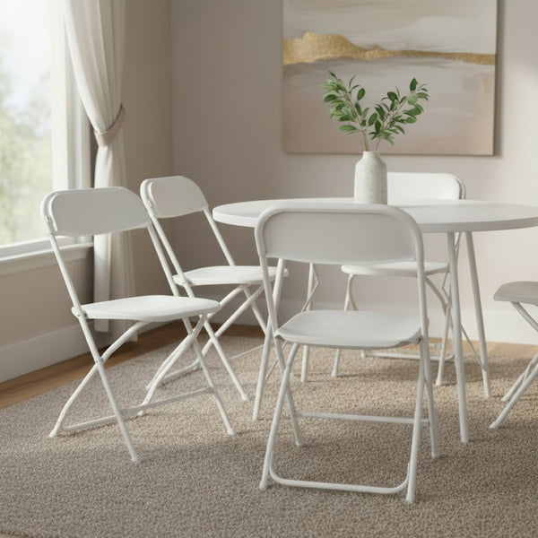 HomeRoots Set of Six Stylish White Metal Folding Dining Chairs for Indoor and Outdoor Events, Space-Saving Design 639954